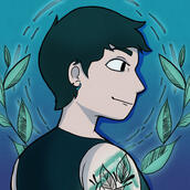 side profile drawing of hannahhauntings looking to the right with leaves floating on a blue and green background